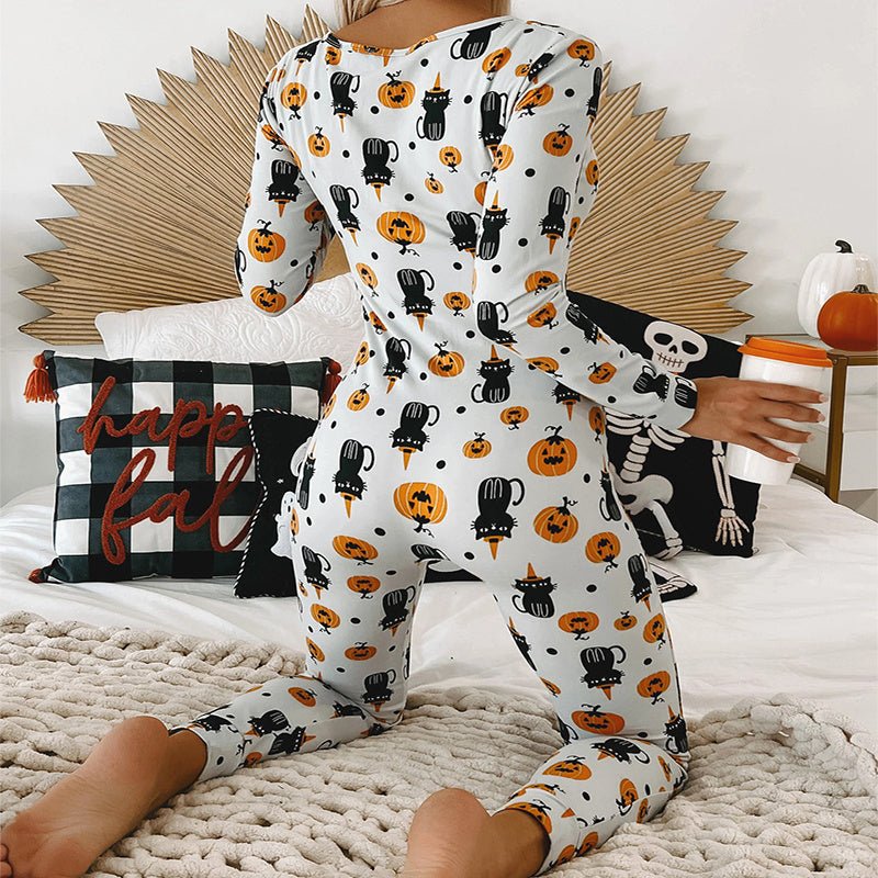 Halloween Printed Jumpsuit Long Sleeve Home Pajamas Casual Trousers Women's Cos Clothing - 4 - Scribble Snacks