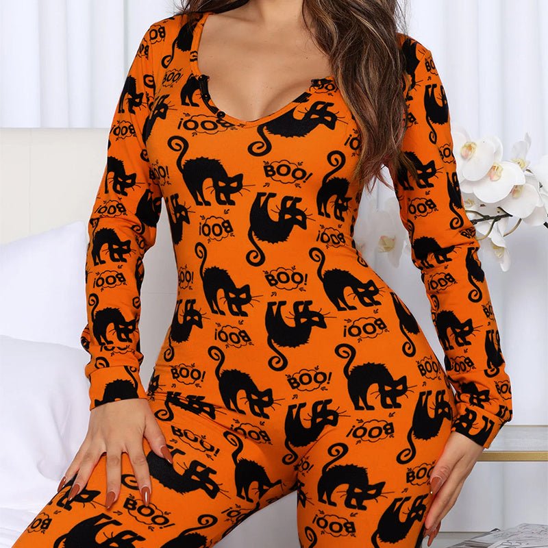 Halloween Printed Jumpsuit Long Sleeve Home Pajamas Casual Trousers Women's Cos Clothing - 4 - Scribble Snacks