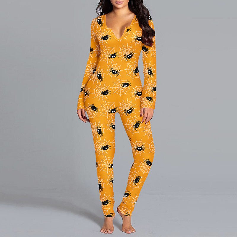 Halloween Printed Jumpsuit Long Sleeve Home Pajamas Casual Trousers Women's Cos Clothing - 4 - Scribble Snacks