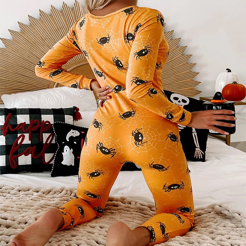 Halloween Printed Jumpsuit Long Sleeve Home Pajamas Casual Trousers Women's Cos Clothing - 4 - Scribble Snacks