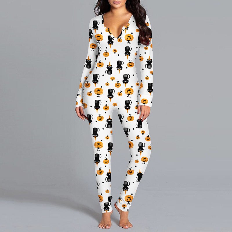 Halloween Printed Jumpsuit Long Sleeve Home Pajamas Casual Trousers Women's Cos Clothing - 4 - Scribble Snacks