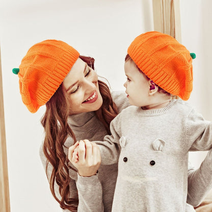 Halloween Pumpkin Parent Child Knitted Hat Warm And Cute Orange Beret - 0 - Scribble Snacks