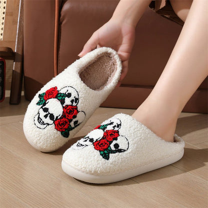 Halloween Skull Rose Slippers Winter Warm Indoor Floor Bedroom Home Slipper For Women - 4 - Scribble Snacks