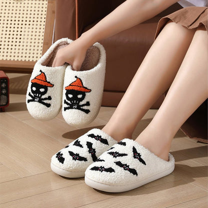 Halloween Skull Rose Slippers Winter Warm Indoor Floor Bedroom Home Slipper For Women - 4 - Scribble Snacks