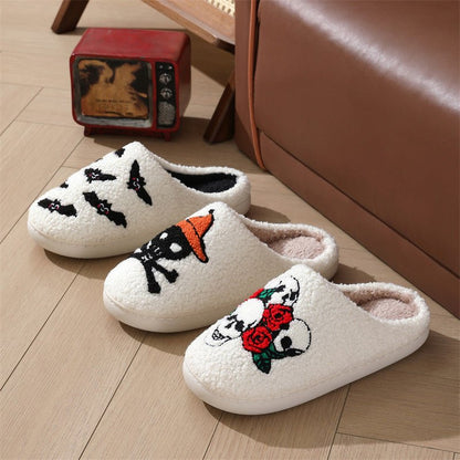 Halloween Skull Rose Slippers Winter Warm Indoor Floor Bedroom Home Slipper For Women - 4 - Scribble Snacks