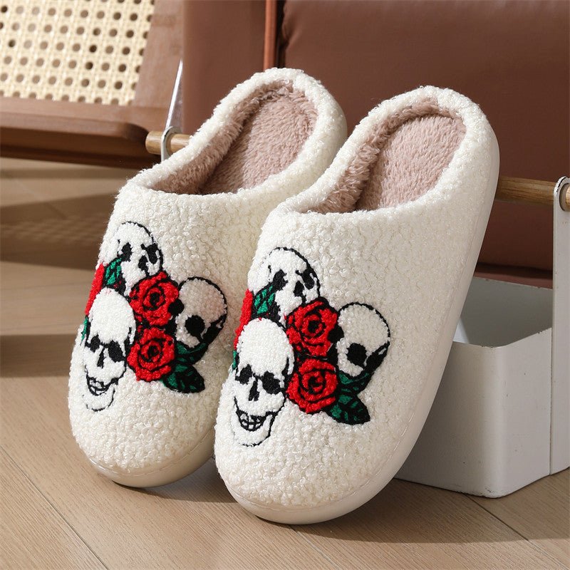 Halloween Skull Rose Slippers Winter Warm Indoor Floor Bedroom Home Slipper For Women - 4 - Scribble Snacks