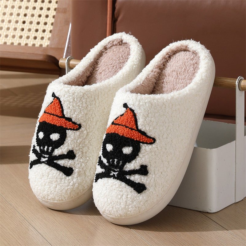 Halloween Skull Rose Slippers Winter Warm Indoor Floor Bedroom Home Slipper For Women - 4 - Scribble Snacks