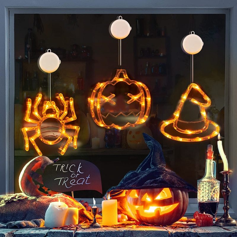 Halloween Window Hanging LED Lights Spider Pumpkin Hanging Ghost Horror Atmosphere Lights Holiday Party Decorative Lights Home Decor - 0 - Scribble Snacks