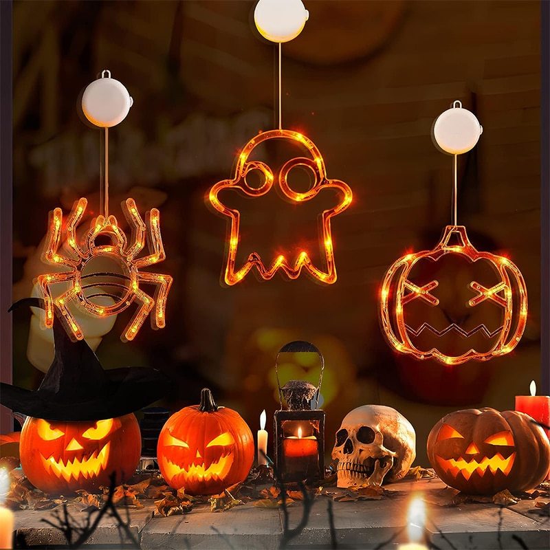 Halloween Window Hanging LED Lights Spider Pumpkin Hanging Ghost Horror Atmosphere Lights Holiday Party Decorative Lights Home Decor - 0 - Scribble Snacks