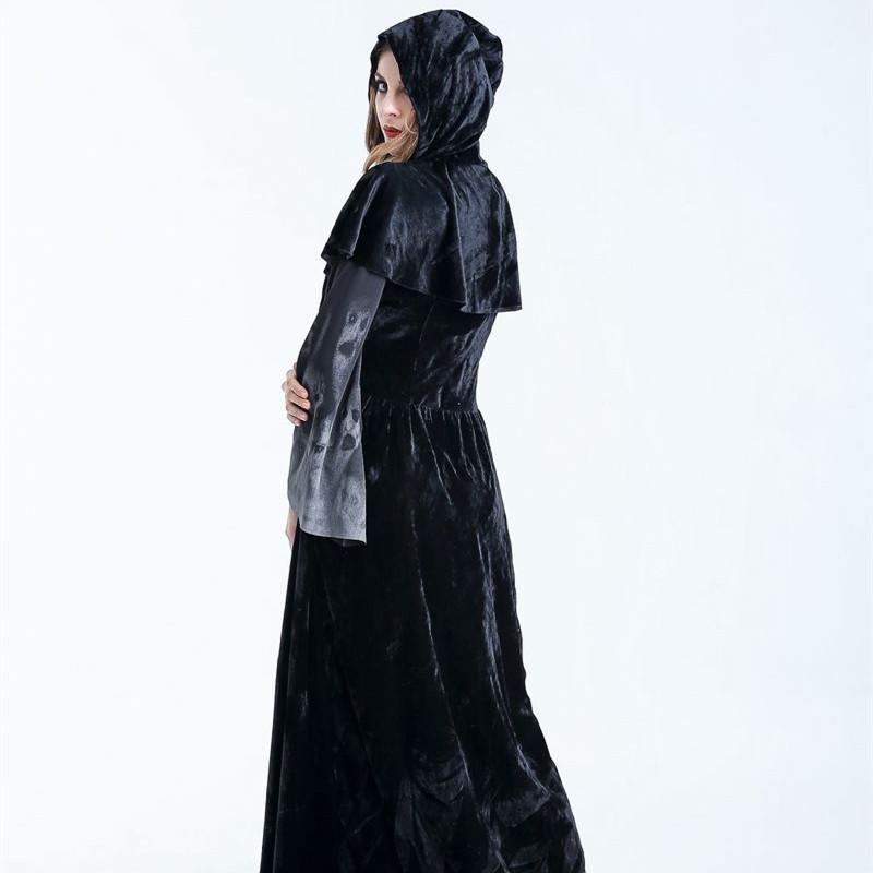 Halloween Women Medieval Gothic Witch Maleficent Horror Scary Cosplay Costume Carnival Party Ghost Long Black Hooded Dress - 0 - Scribble Snacks