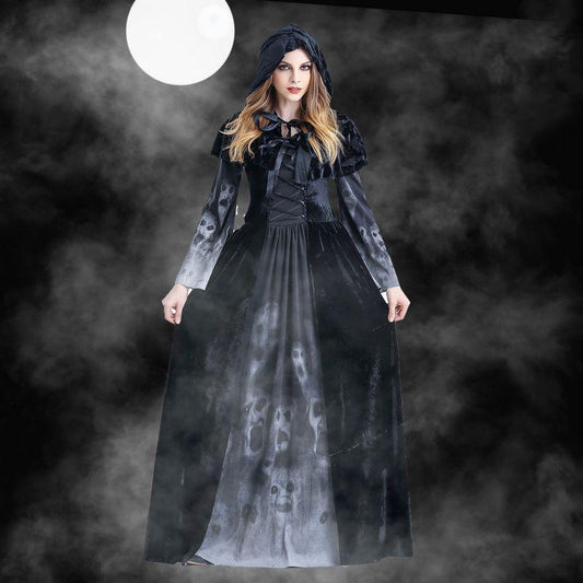 Halloween Women Medieval Gothic Witch Maleficent Horror Scary Cosplay Costume Carnival Party Ghost Long Black Hooded Dress - 0 - Scribble Snacks