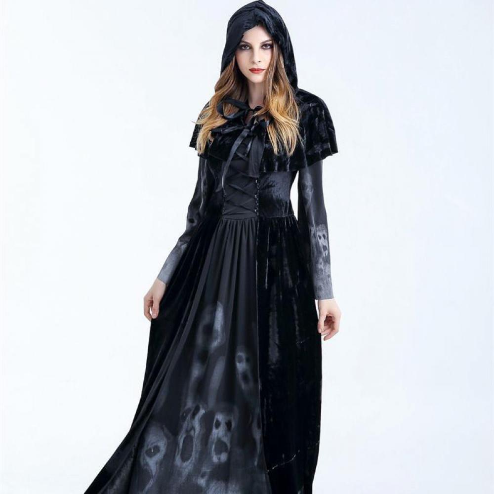 Halloween Women Medieval Gothic Witch Maleficent Horror Scary Cosplay Costume Carnival Party Ghost Long Black Hooded Dress - 0 - Scribble Snacks