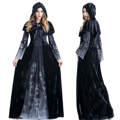 Halloween Women Medieval Gothic Witch Maleficent Horror Scary Cosplay Costume Carnival Party Ghost Long Black Hooded Dress - 0 - Scribble Snacks