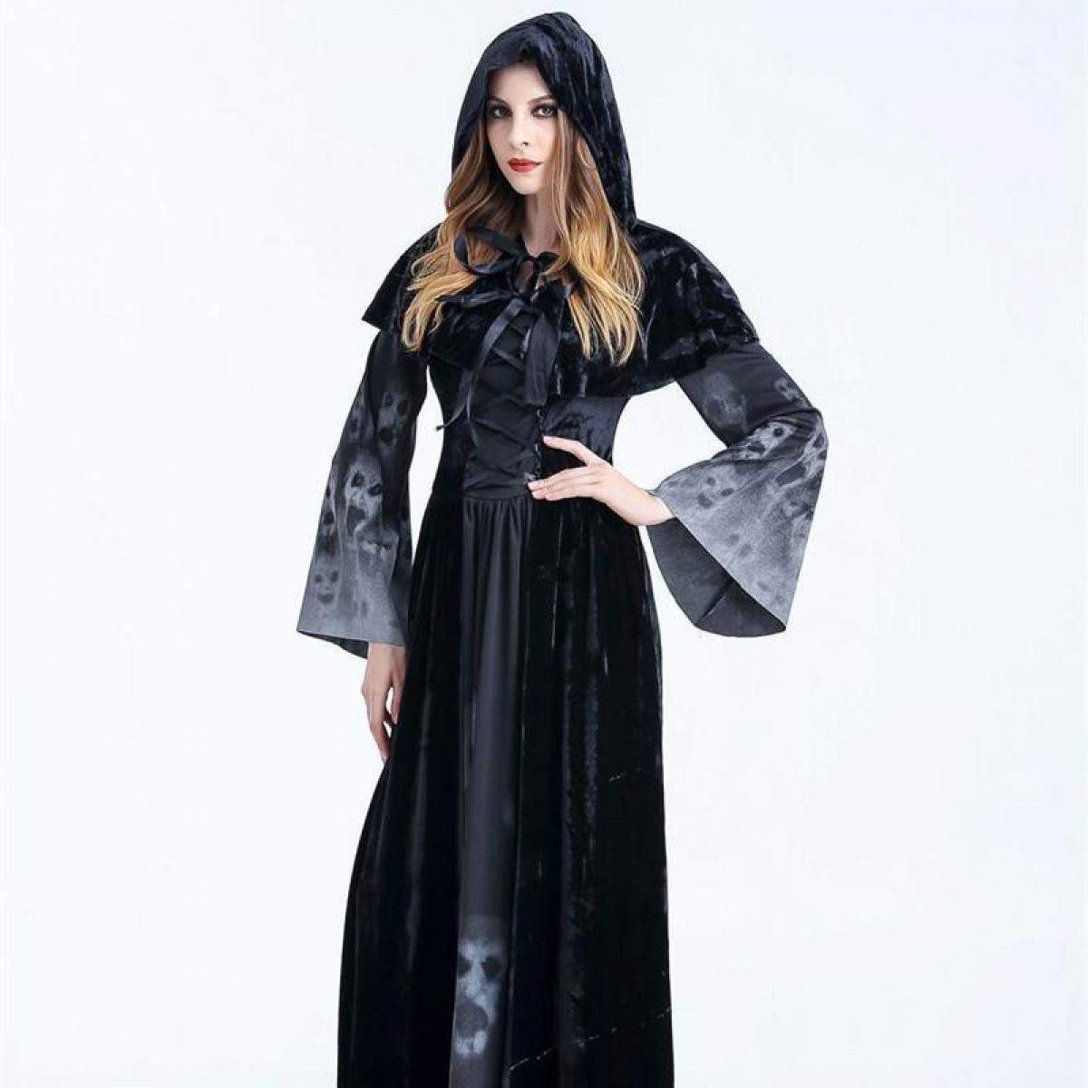 Halloween Women Medieval Gothic Witch Maleficent Horror Scary Cosplay Costume Carnival Party Ghost Long Black Hooded Dress - 0 - Scribble Snacks