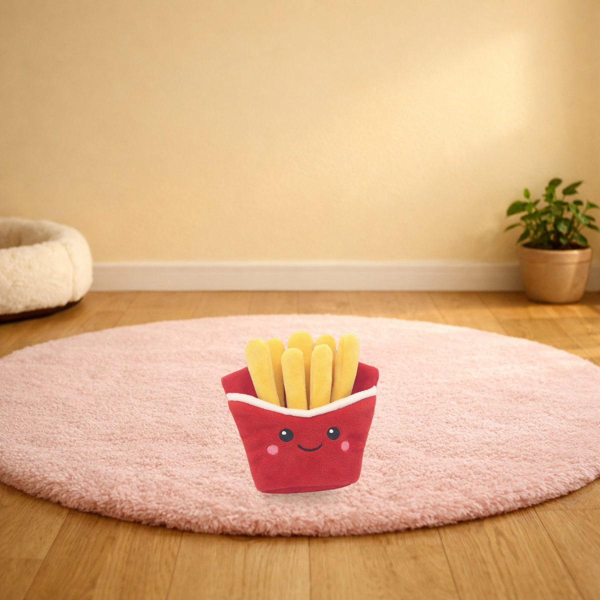 French fries plush pet toy on a soft pink rug