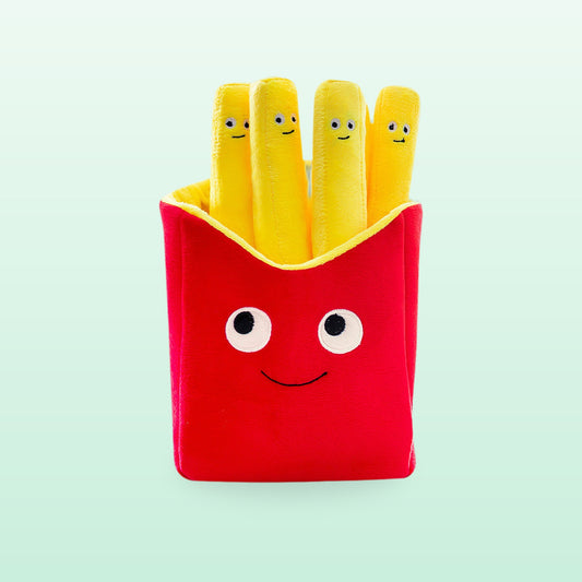 Happy Fries plush pillow, red carton with smiling yellow fries, on a mint background