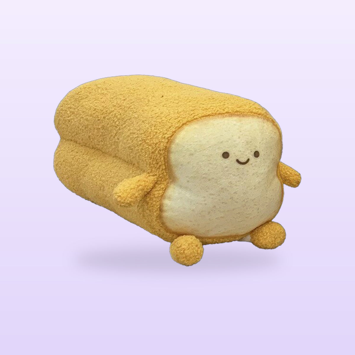 Happy golden loaf toast plush cushion with little arms and feet, on a lilac background