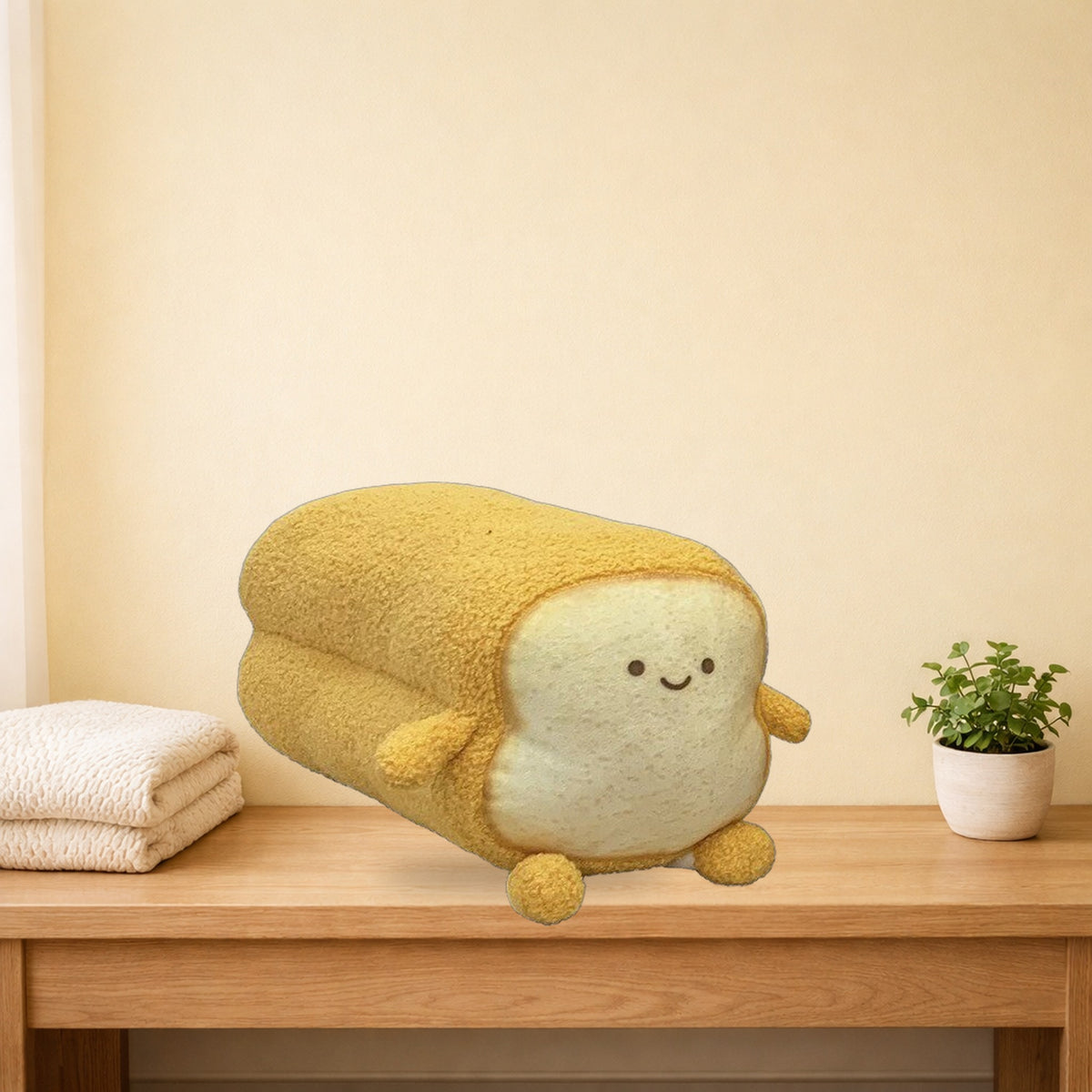 Happy golden loaf toast plush cushion sitting on a light oak bench
