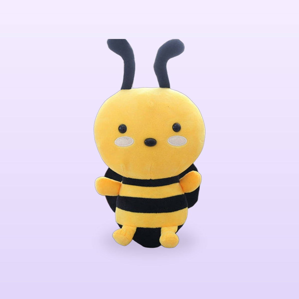 Yellow and black honeybee plush toy with little antennae, on a soft lilac background