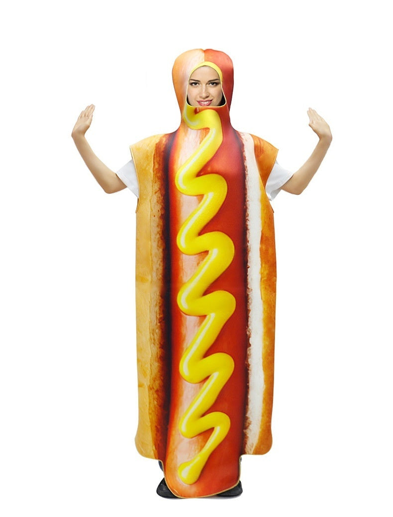 A grown-up dressed as a hot dog with a mustard squiggle food costume