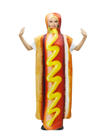 A grown-up dressed as a hot dog with a mustard squiggle food costume