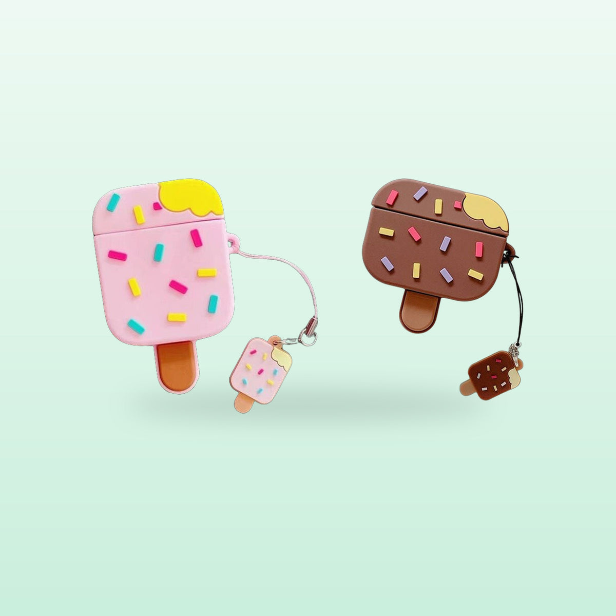 Strawberry and chocolate ice lolly AirPods cases with sprinkles and mini lolly charms, on a mint background