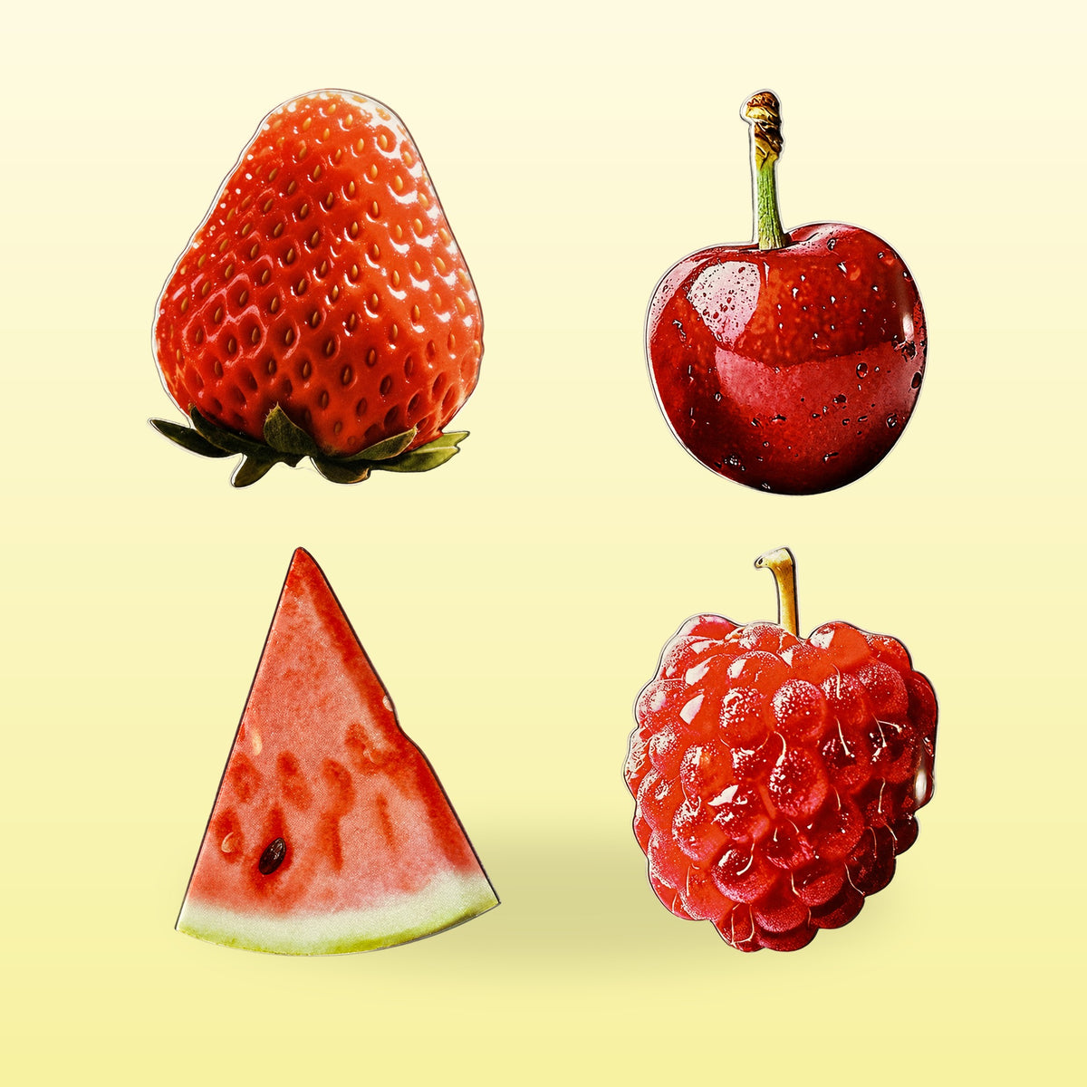 Berry Picnic set of four acrylic fruit bookmarks: strawberry, cherry, watermelon and raspberry on a butter yellow background