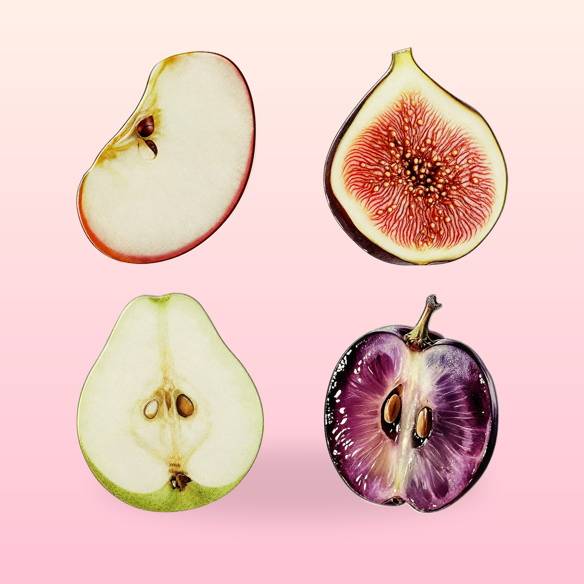Orchard set of four fruit bookmarks: red apple, fig, pear and purple grape cut in half on a pink background