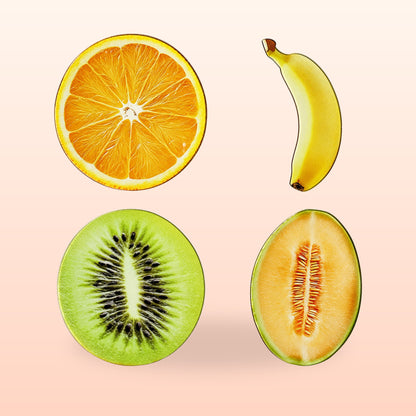 Sunshine set of four fruit bookmarks: orange slice, banana, kiwi and cantaloupe on a peach background
