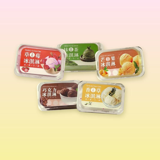 Five ice cream tub squishies in strawberry, matcha, mango, chocolate and vanilla on a pastel pink and yellow background