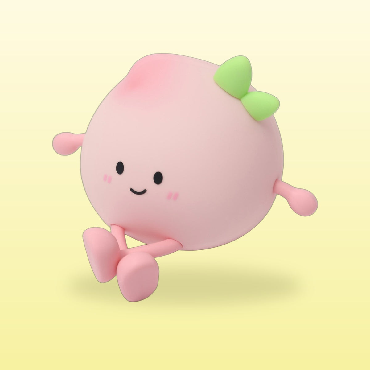 Chubby pink peach night light with a smiley face, green leaf and stick legs on a butter yellow background