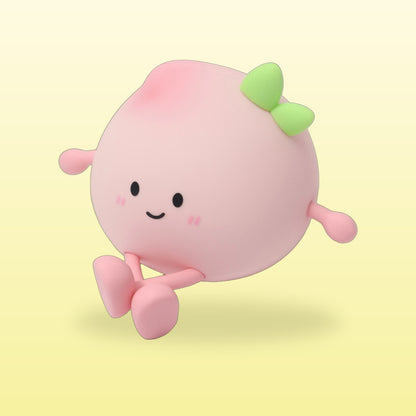 Chubby pink peach night light with a smiley face, green leaf and stick legs on a butter yellow background