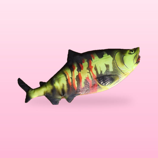 Sockeye salmon fish pencil case with a zip along its back on a soft pink background