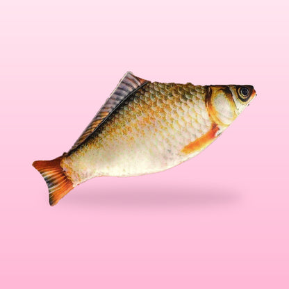 Crucian carp fish pencil case with gold and cream scales on a soft pink background