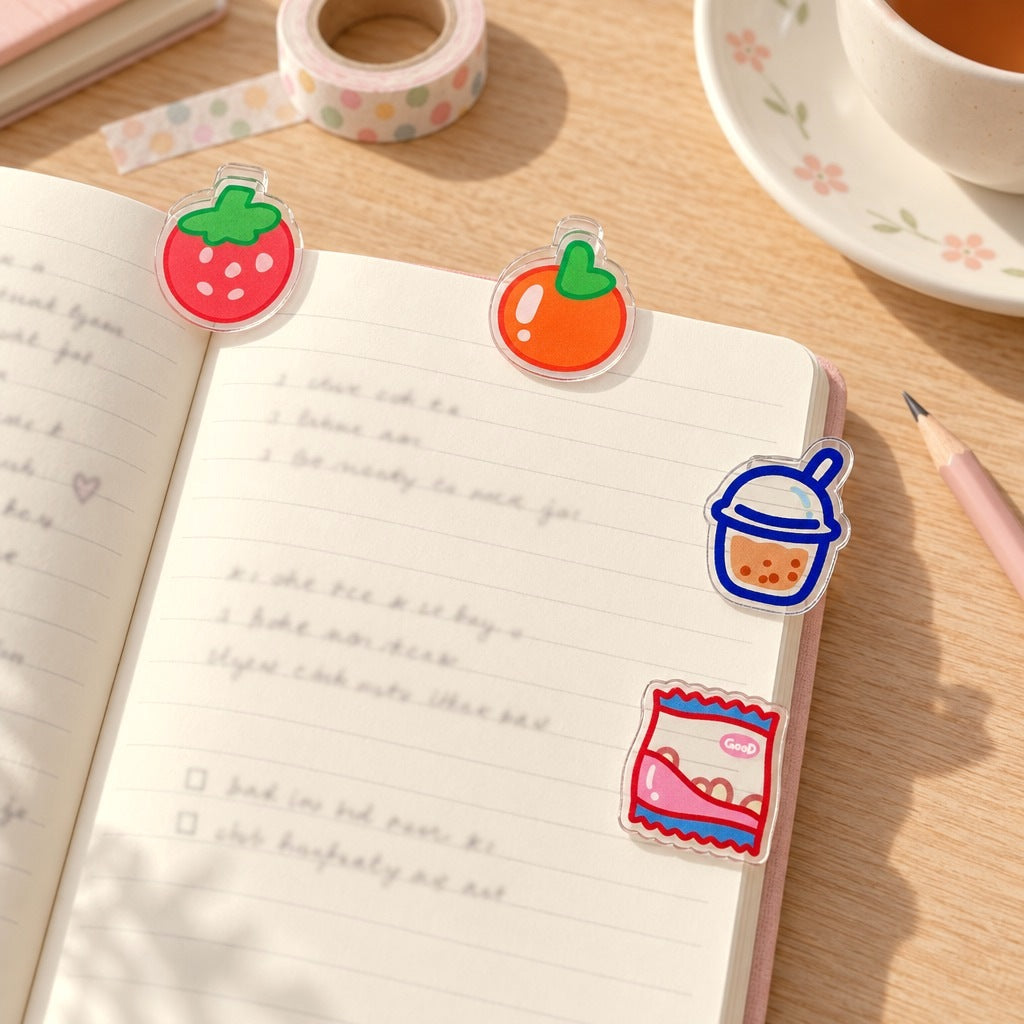 Strawberry, persimmon, bubble tea and chips clips holding the pages of an open journal, with tea and washi tape behind