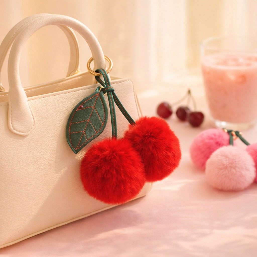 Red cherry pom-pom bag charm clipped to a cream handbag beside a pink strawberry milk and fresh cherries