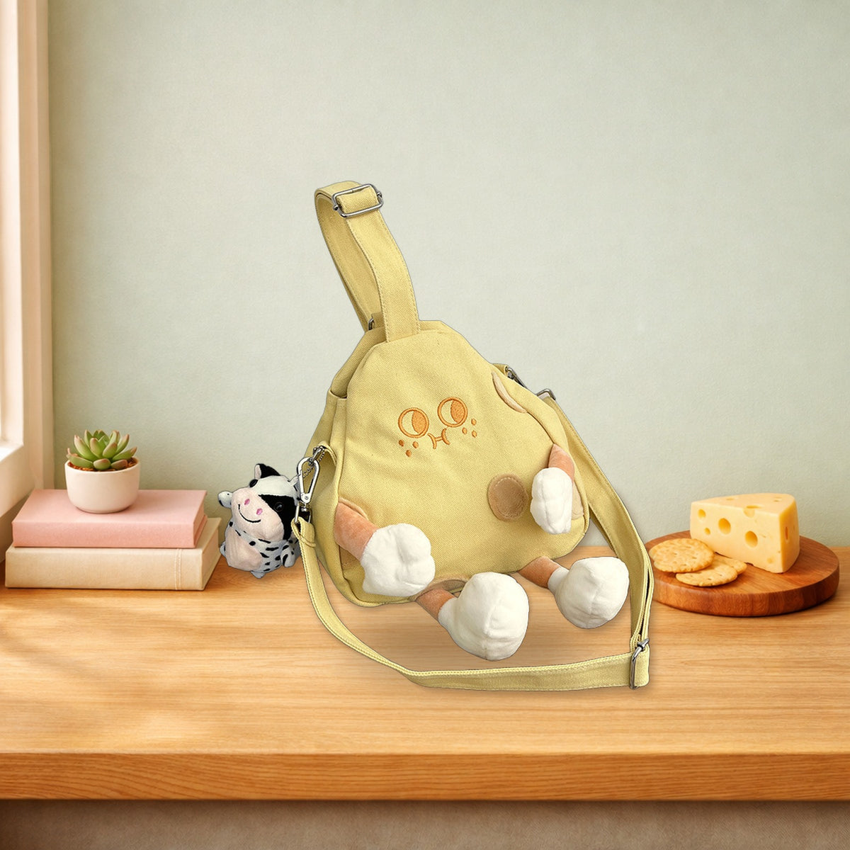 Cheese crossbody bag sitting on a wooden bench between a stack of books and a cheese board