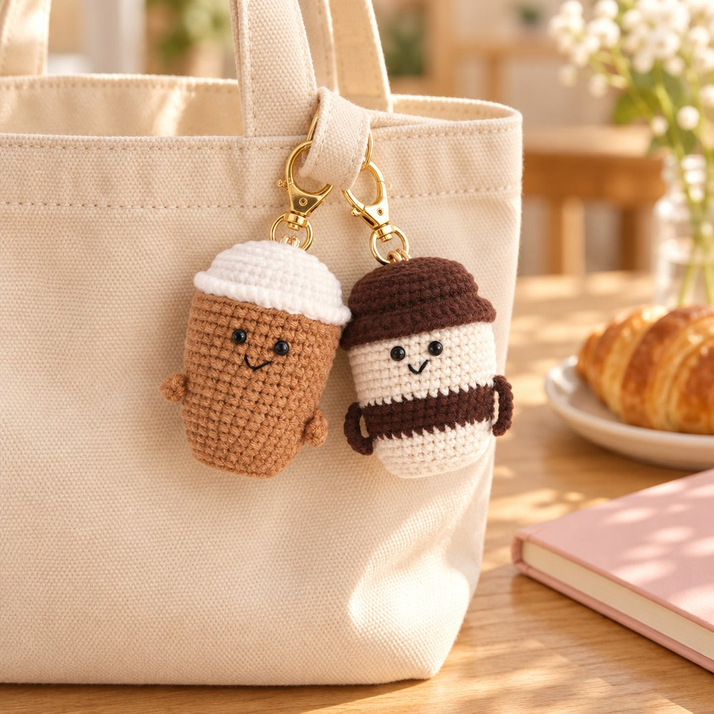 Latte and Mocha crochet coffee cup charms clipped to a cream canvas tote on a cafe table with a croissant