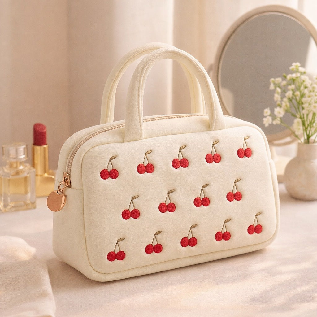 Cherry embroidered vanity bag on a sunny dressing table beside a lipstick, perfume and a vase of white flowers