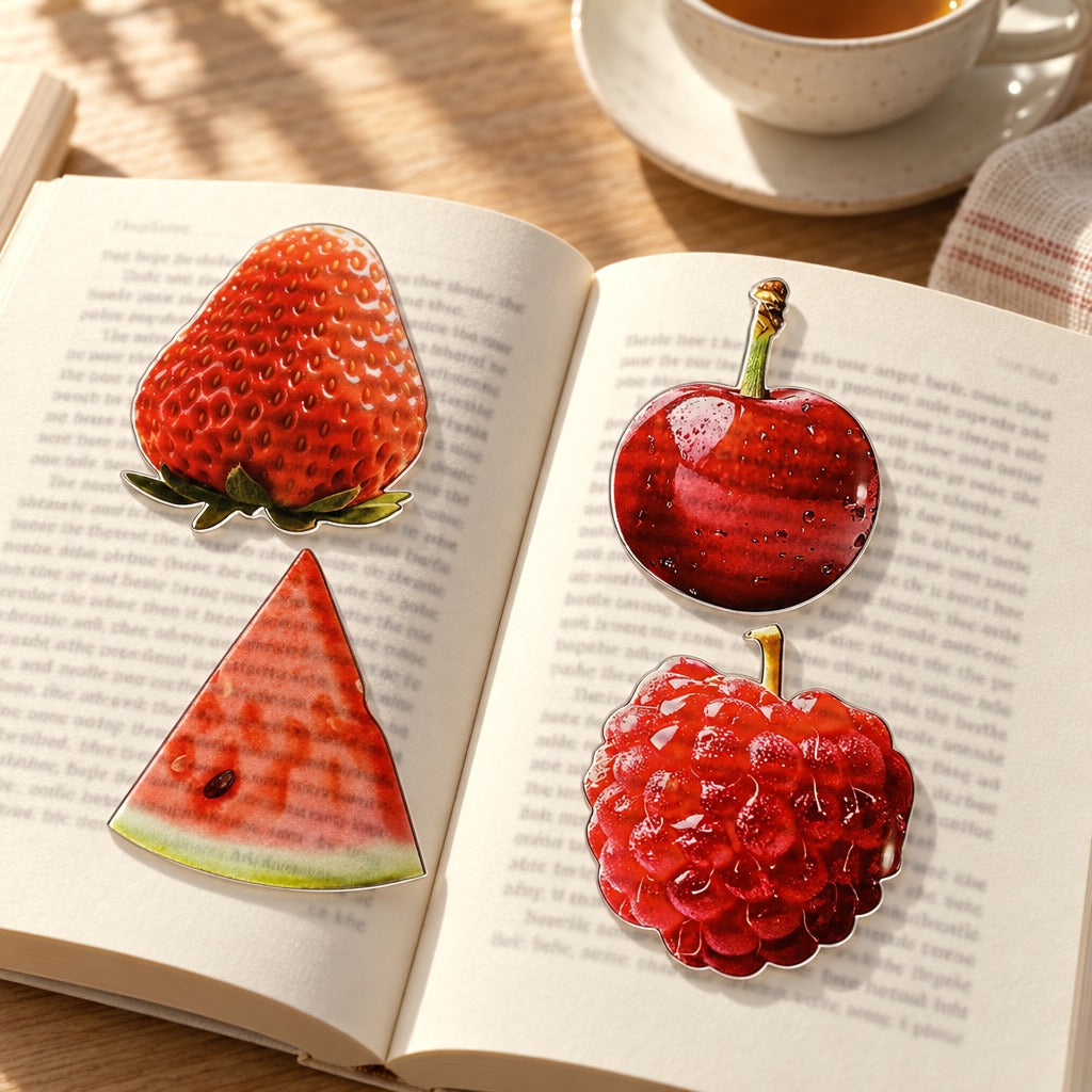 Four fruit bookmarks lying on an open book with the page text showing through the clear acrylic, a cup of tea behind