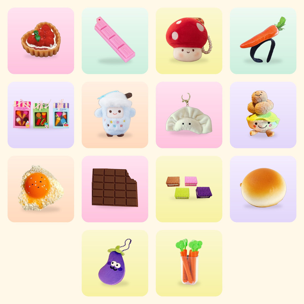 The 14 snacks in the lucky bag line-up, each one sold separately in our shop