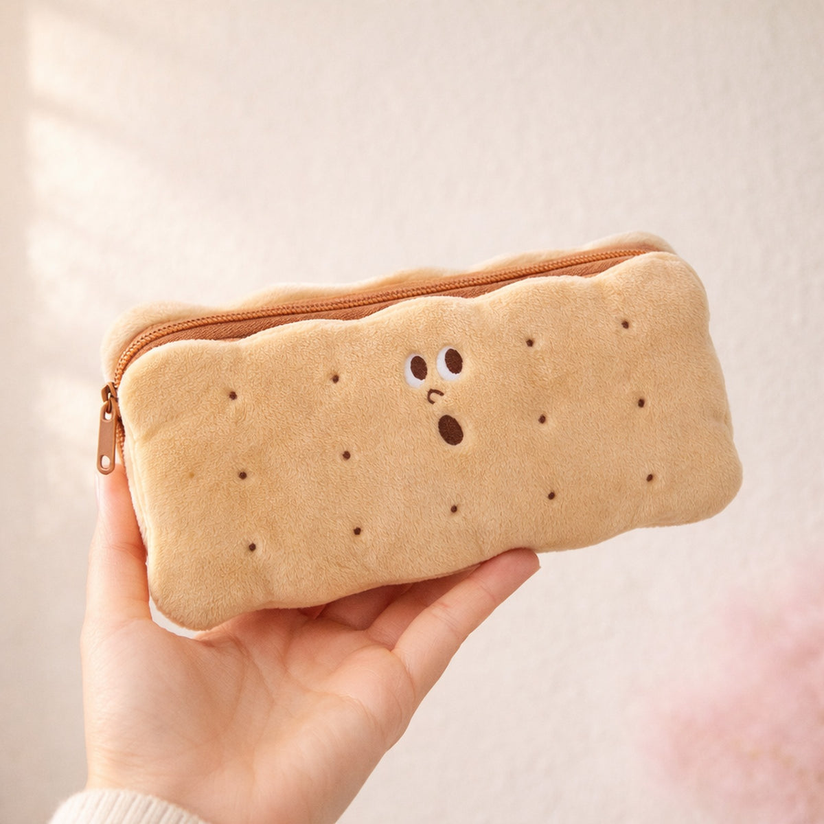 Hand holding the sandwich cookie plush pencil case to show its size