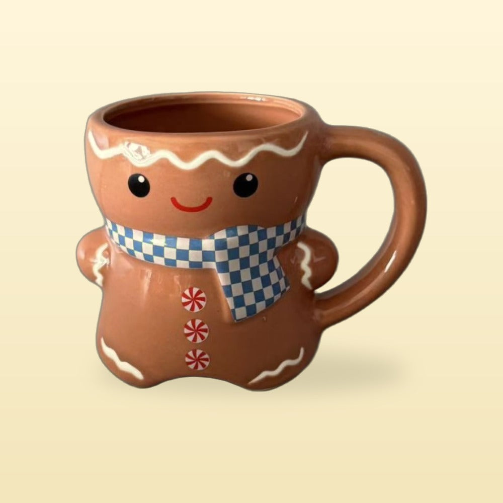 Classic Gingerbread man mug in biscuit brown with a blue check scarf