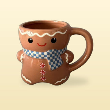 Classic Gingerbread man mug in biscuit brown with a blue check scarf