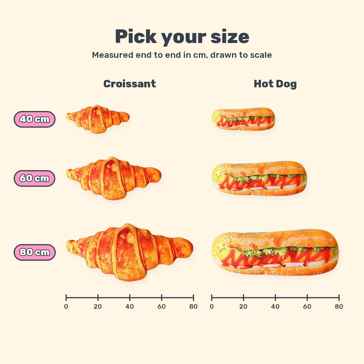 Size chart: croissant and hot dog pillows drawn to scale at 40, 60 and 80 cm long