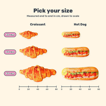 Size chart: croissant and hot dog pillows drawn to scale at 40, 60 and 80 cm long
