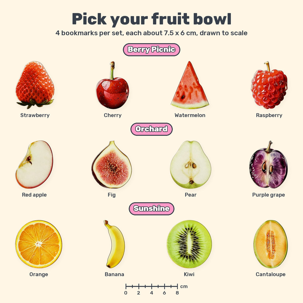 Chart of all three fruit bookmark sets drawn to scale, each bookmark about 7.5 by 6 cm