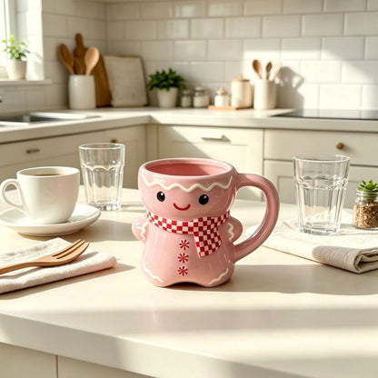 Pink gingerbread man mug on a kitchen bench next to a coffee cup and a glass for size