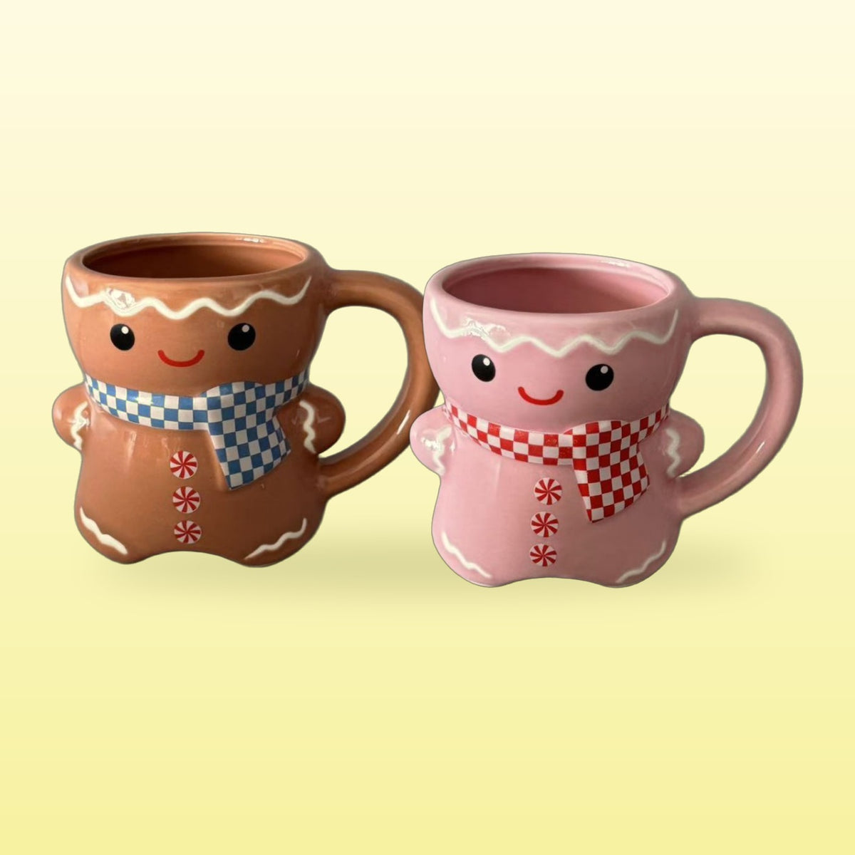 Classic brown and pink gingerbread man mugs side by side