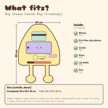 What fits in the Big Cheese Canvas Bag (Crossbody), about 24 x 34 x 15 cm: phone, cards, keys, lip balm and pen fit. Drawn to scale.